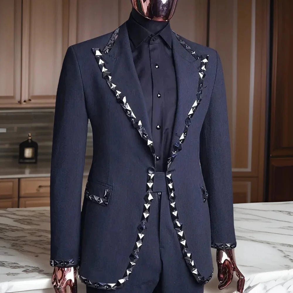 Beaded men's wedding tuxedo by SHOWLU FASHION STORE featuring a slim fit 2-piece groom suit with notched lapel blazer and matching pants.