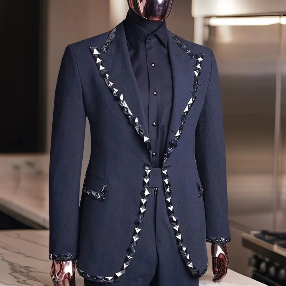 Beaded men's wedding suit by SHOWLU FASHION STORE, skinny fit 2-piece groom tuxedo with notched lapel and matching pants.
