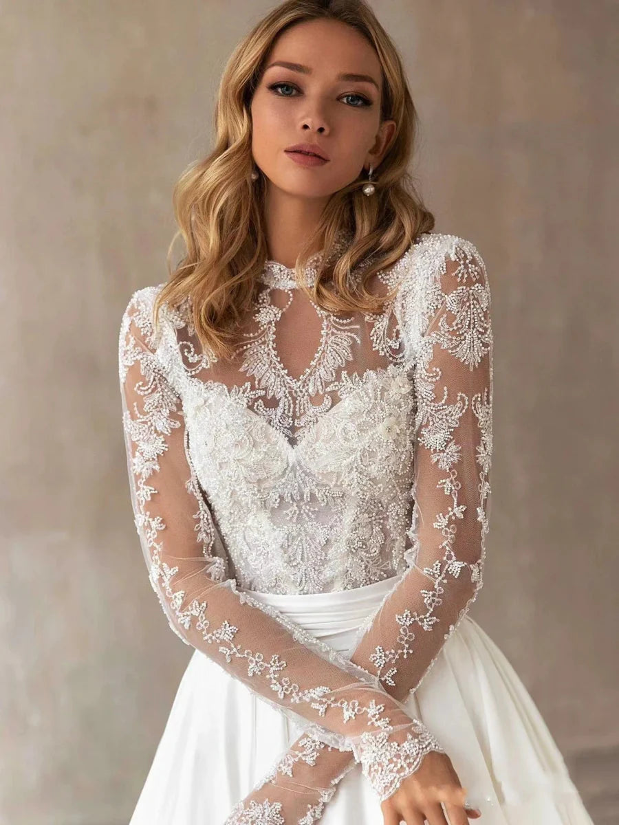 Showlu Lace Mermaid wedding dress with long sleeves, detachable train, lace appliques, and vintage style for bridal occasions.