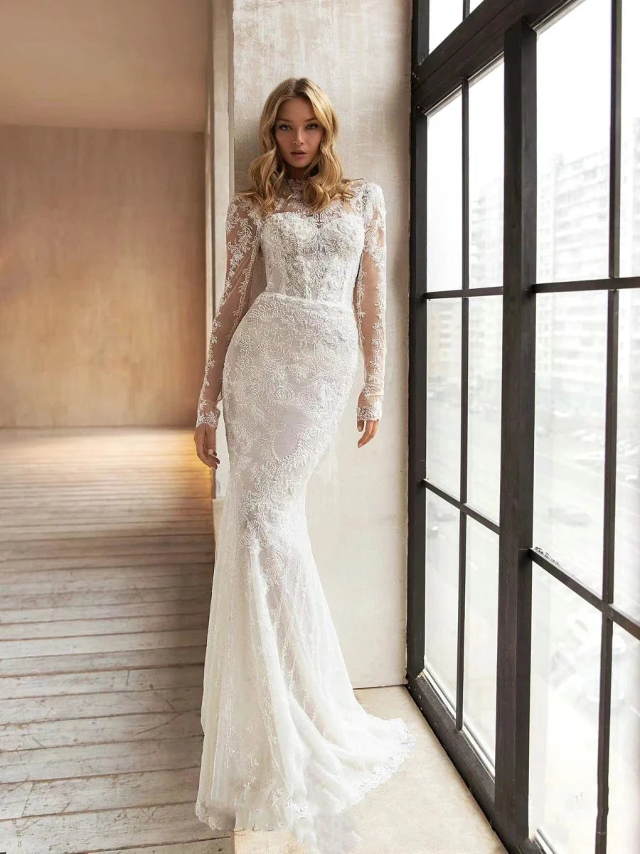 Showlu Lace Mermaid Wedding Dress with long sleeves and detachable train, featuring lace appliques and vintage-inspired design.