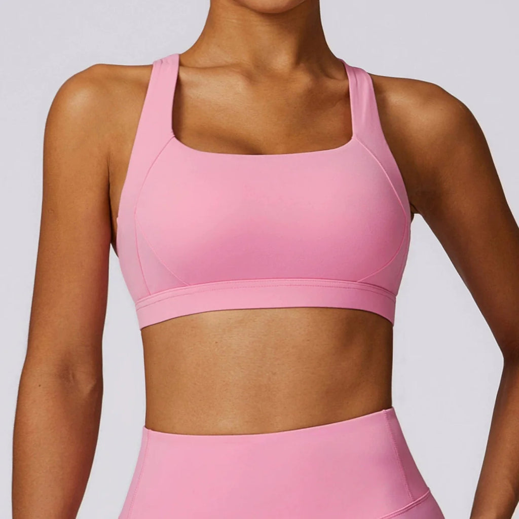 Showlu Women's Cross Back Padded Yoga Vest, sports bra top with chest pad, ideal for workout and active wear.