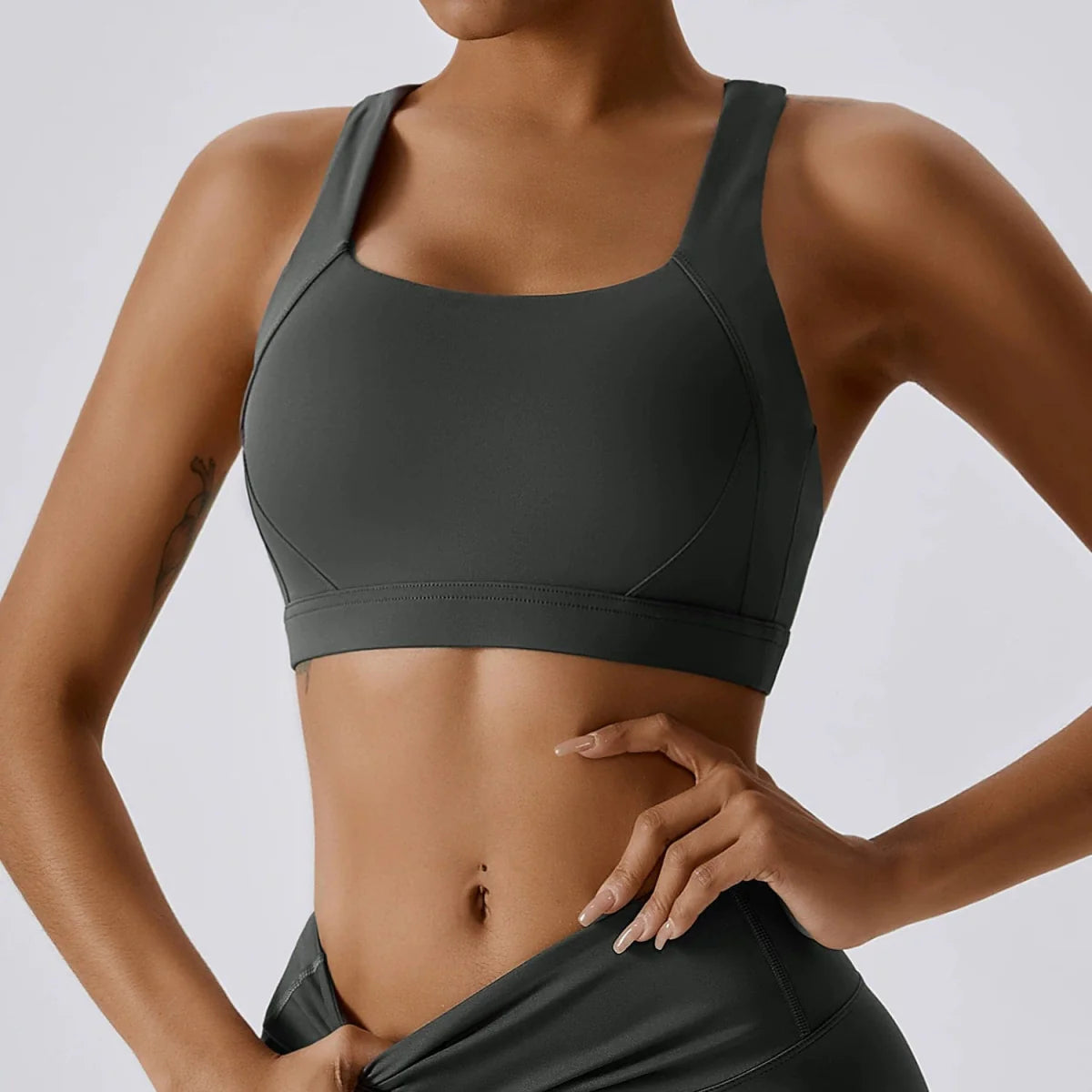 Showlu Women's Cross Back Padded Yoga Vest with built-in sports bra, ideal for workout and running, featuring a stylish back design.