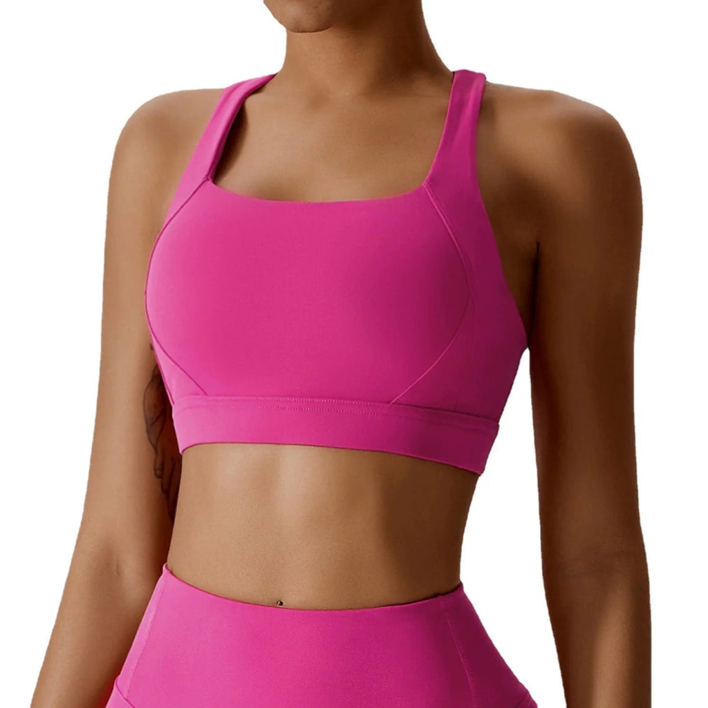 Showlu Women's Cross Back Padded Yoga Vest with chest pad, designed for comfortable workout and running activities.