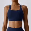 Showlu Women's cross back padded yoga vest with built-in sports bra, designed for comfortable workout and running activities.