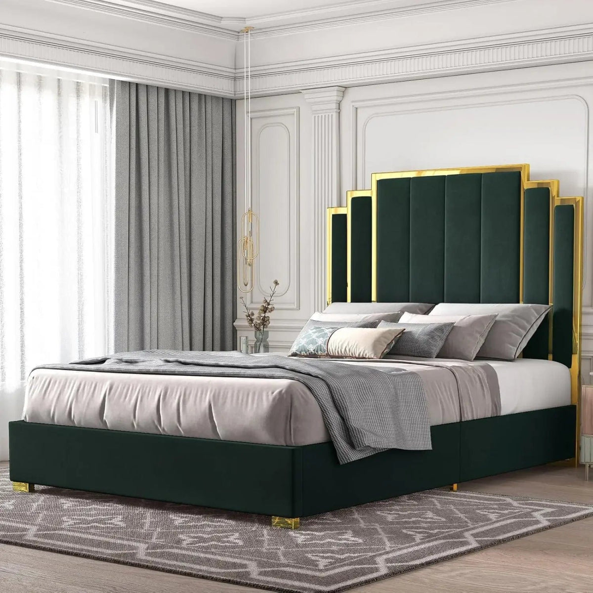 Bed Frame and 65" Headboard, Upholstered bed with Golden Plating Trim, Modern Platform Bed No Box Spring Needed, - SHOWLU FASHION STORE