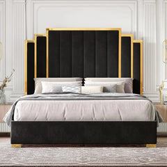 Bed Frame and 65" Headboard, Upholstered bed with Golden Plating Trim, Modern Platform Bed No Box Spring Needed, - SHOWLU FASHION STORE