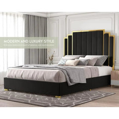 Bed Frame and 65" Headboard, Upholstered bed with Golden Plating Trim, Modern Platform Bed No Box Spring Needed, - SHOWLU FASHION STORE