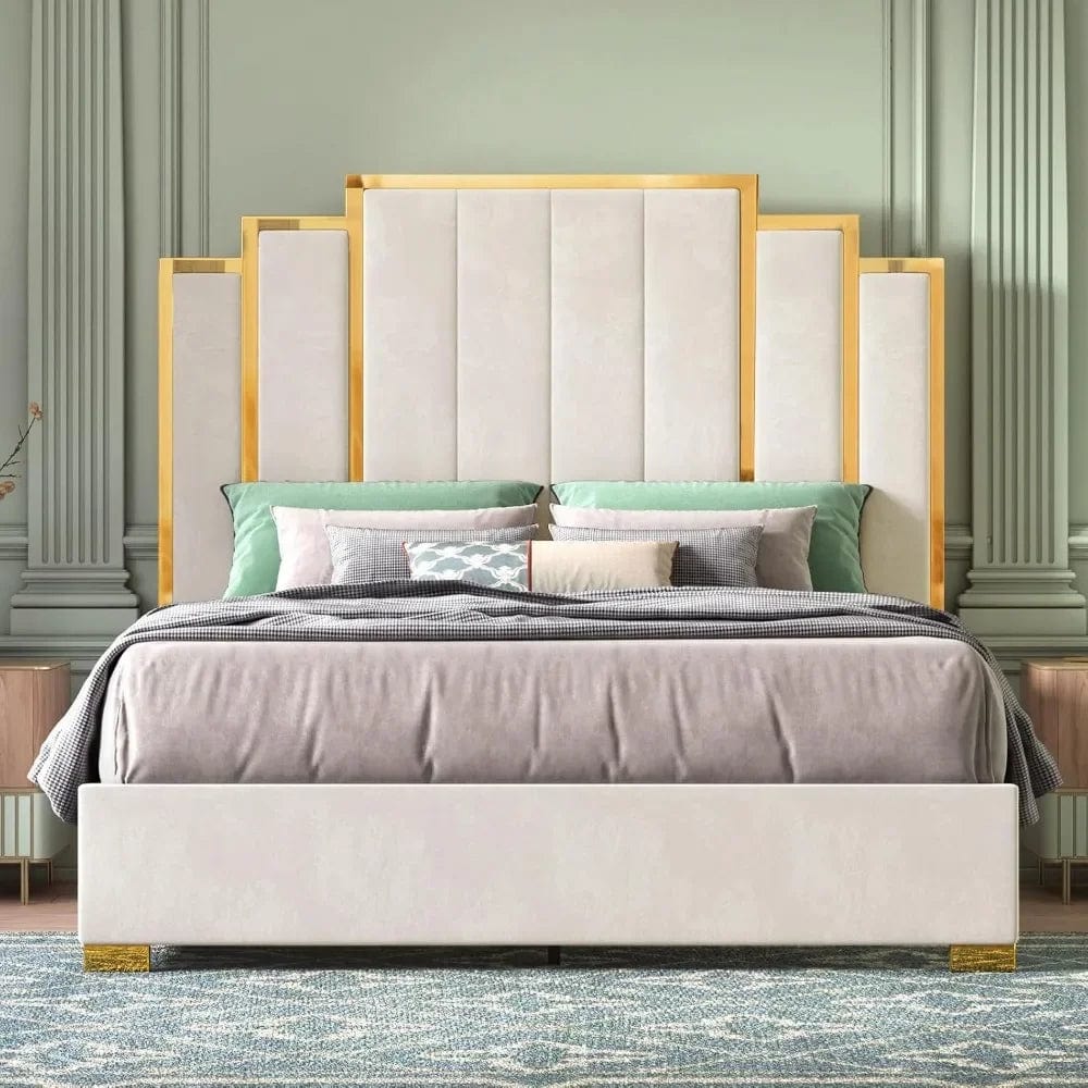 Bed Frame and 65" Headboard, Upholstered bed with Golden Plating Trim, Modern Platform Bed No Box Spring Needed, - SHOWLU FASHION STORE