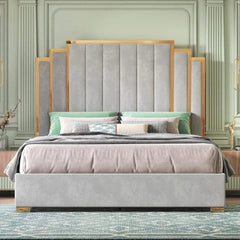 Bed Frame and 65" Headboard, Upholstered bed with Golden Plating Trim, Modern Platform Bed No Box Spring Needed, - SHOWLU FASHION STORE