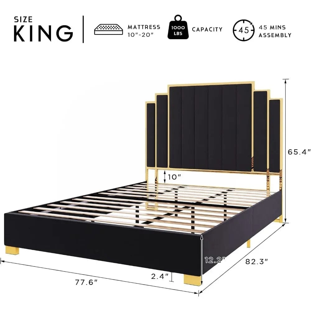 Bed Frame and 65" Headboard, Upholstered bed with Golden Plating Trim, Modern Platform Bed No Box Spring Needed, - SHOWLU FASHION STORE