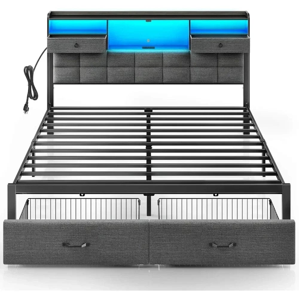 Bed Frame King Size with Drawers and Charging Station, Upholstered Platform Bed with Storage Headboard and LED Light - SHOWLU FASHION STORE