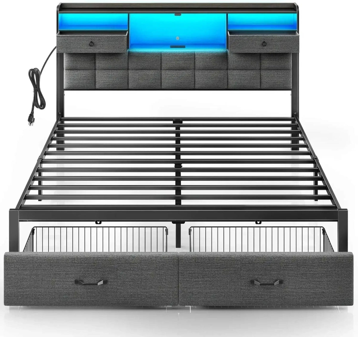 Bed Frame King Size with Drawers and Charging Station, Upholstered Platform Bed with Storage Headboard and LED Light - SHOWLU FASHION STORE