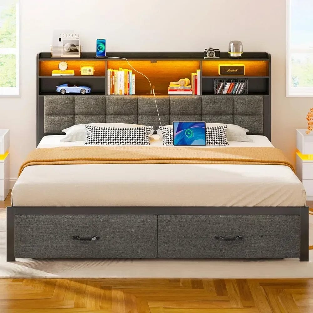 Bed Frame King Size with Drawers and Charging Station, Upholstered Platform Bed with Storage Headboard and LED Light - SHOWLU FASHION STORE