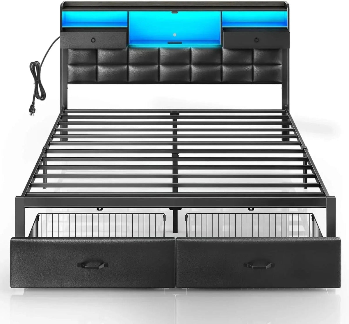 Bed Frame King Size with Drawers and Charging Station, Upholstered Platform Bed with Storage Headboard and LED Light - SHOWLU FASHION STORE