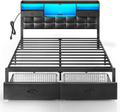 Bed Frame King Size with Drawers and Charging Station, Upholstered Platform Bed with Storage Headboard and LED Light - SHOWLU FASHION STORE