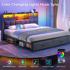 Bed Frame King Size with Drawers and Charging Station, Upholstered Platform Bed with Storage Headboard and LED Light - SHOWLU FASHION STORE