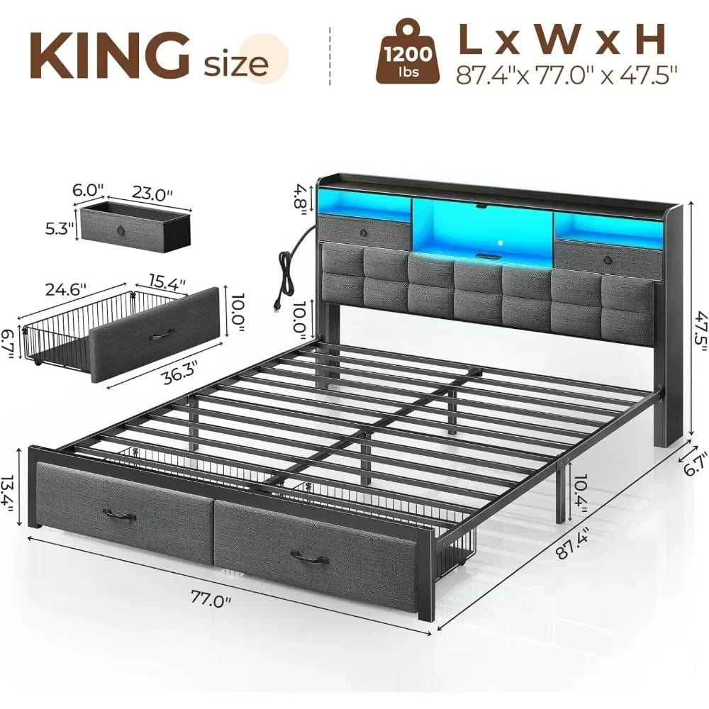 Bed Frame King Size with Drawers and Charging Station, Upholstered Platform Bed with Storage Headboard and LED Light - SHOWLU FASHION STORE