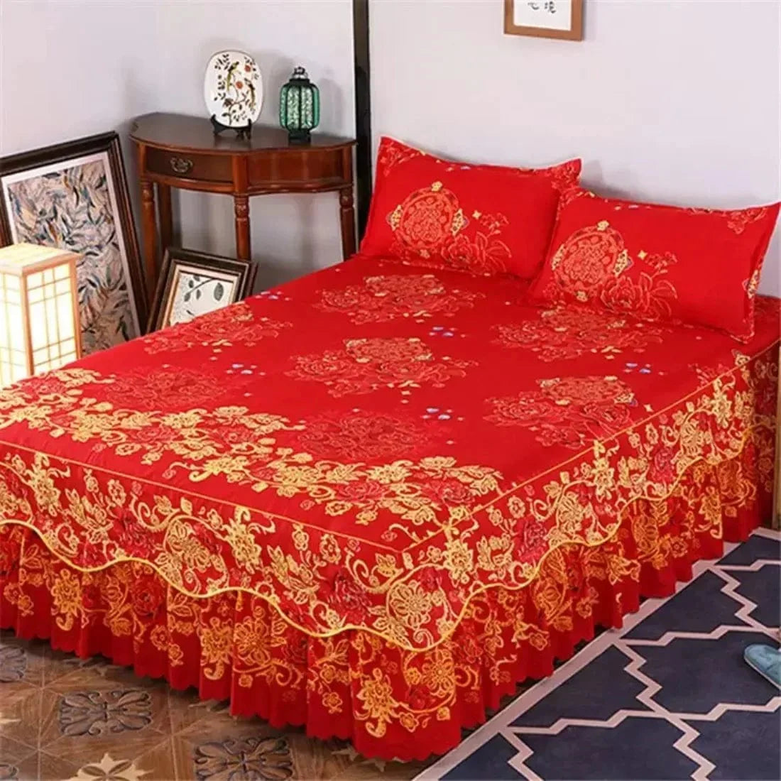 SHOWLU FASHION cotton embroidery bed skirt and pillowcase 3-piece set for king or queen size bedding with elegant floral design