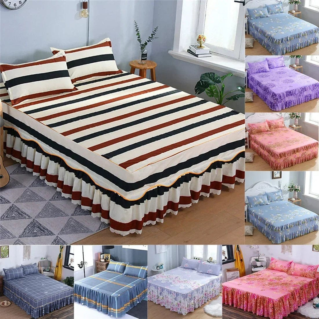 SHOWLU FASHION cotton embroidery bed skirt and pillowcase 3-piece set for king and queen beds, featuring elegant embroidery details.