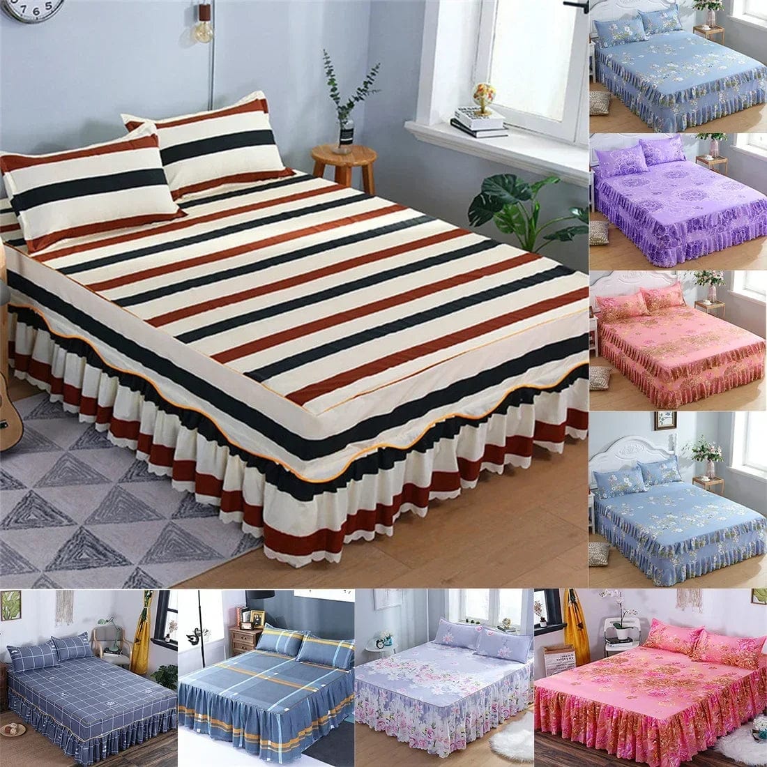 SHOWLU FASHION cotton embroidery bed skirt and pillowcase 3-piece set for king and queen beds, featuring elegant embroidery details.