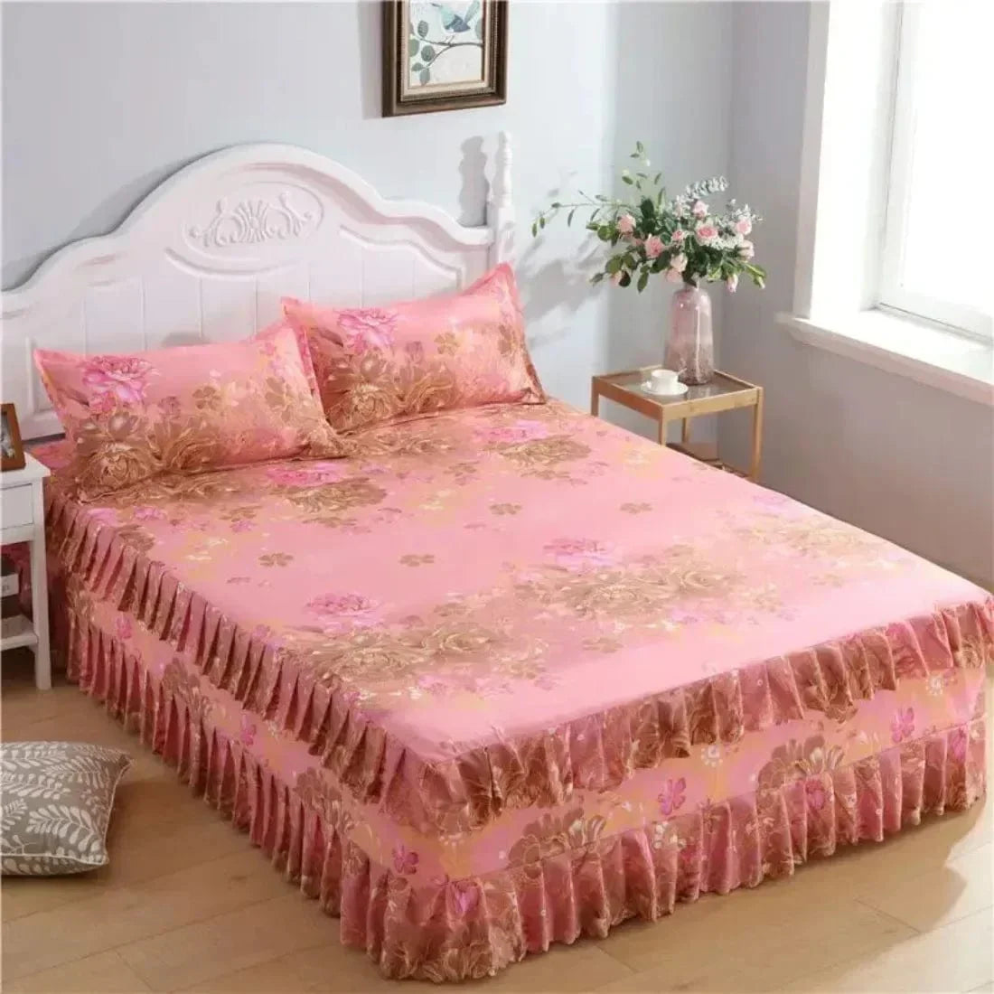 SHOWLU FASHION cotton embroidery bed skirt and pillowcase 3-piece set for king or queen size beds, includes bedspread and matching pillowcases.