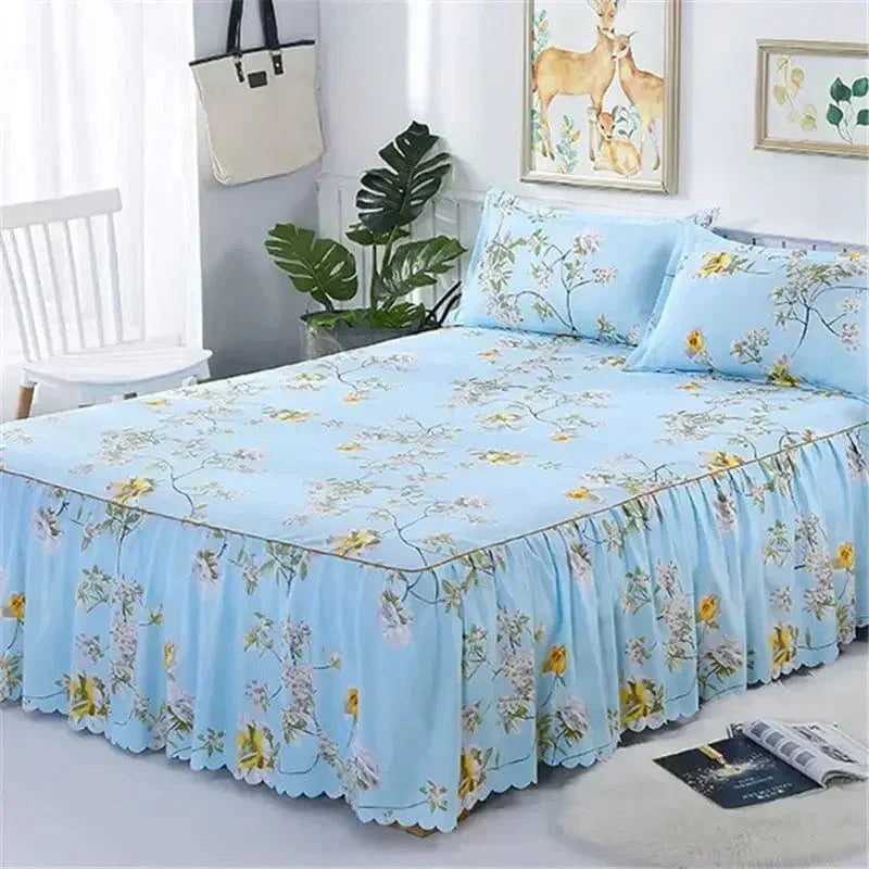 SHOWLU FASHION cotton embroidery bed skirt and pillowcase 3-piece set for king or queen size beds with decorative embroidery.