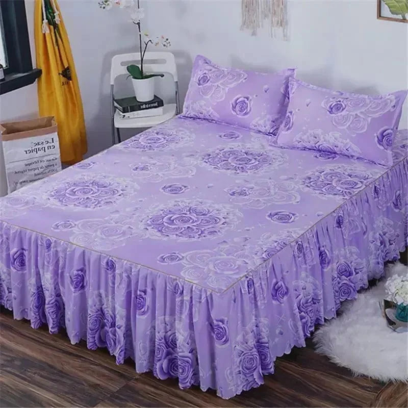 SHOWLU FASHION cotton embroidery bed skirt and pillowcase set, 3-piece bedding set for king and queen beds with decorative embroidery.