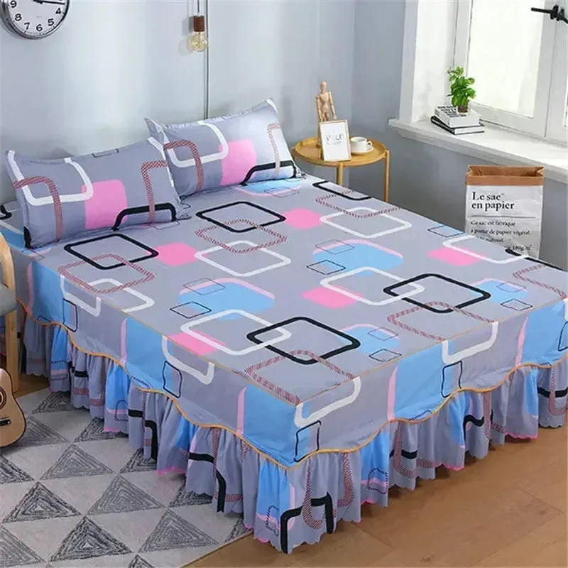 SHOWLU FASHION cotton embroidery bed skirt and pillowcase 3-piece set for king or queen size beds with decorative embroidery.