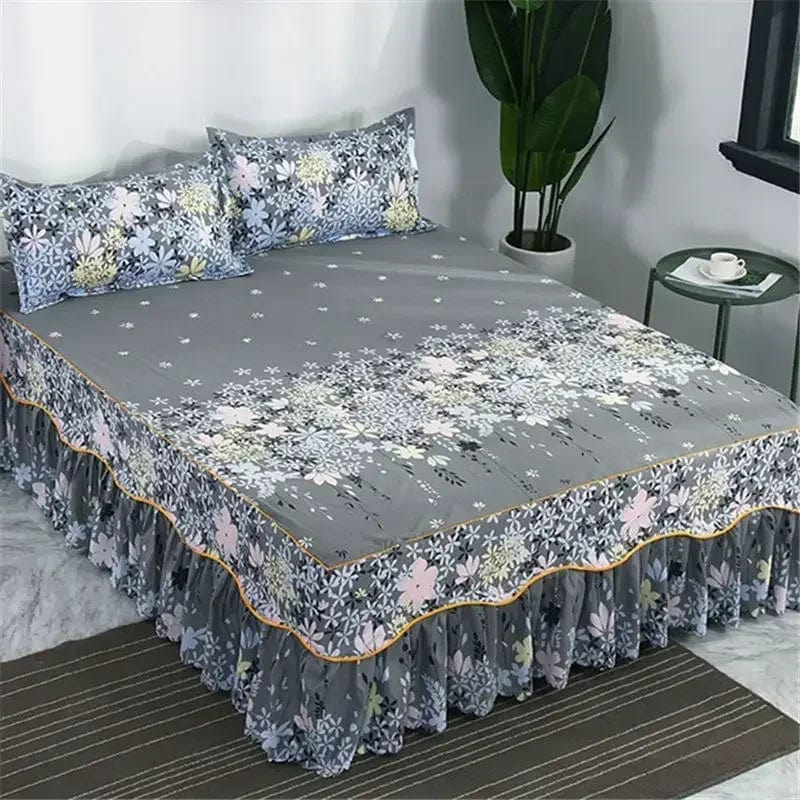 SHOWLU FASHION cotton embroidery bed skirt and pillowcase 3-piece set, king and queen size, elegant bedding with floral embroidery