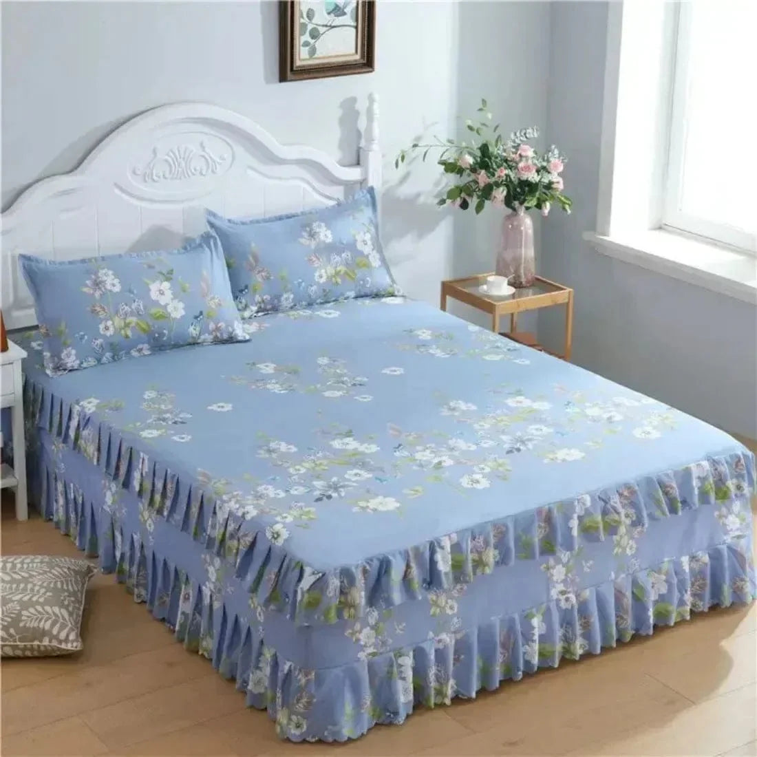SHOWLU FASHION cotton embroidery bed skirt and pillowcase set for king or queen size bedding, includes 3-piece bedding ensemble
