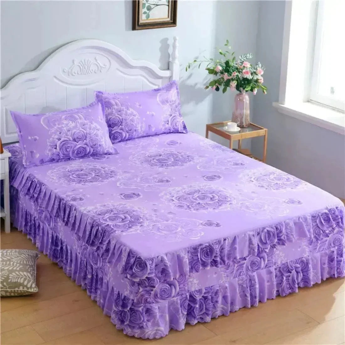 SHOWLU FASHION cotton embroidery bed skirt and pillowcase 3-piece set for king or queen size beds with elegant decorative details.
