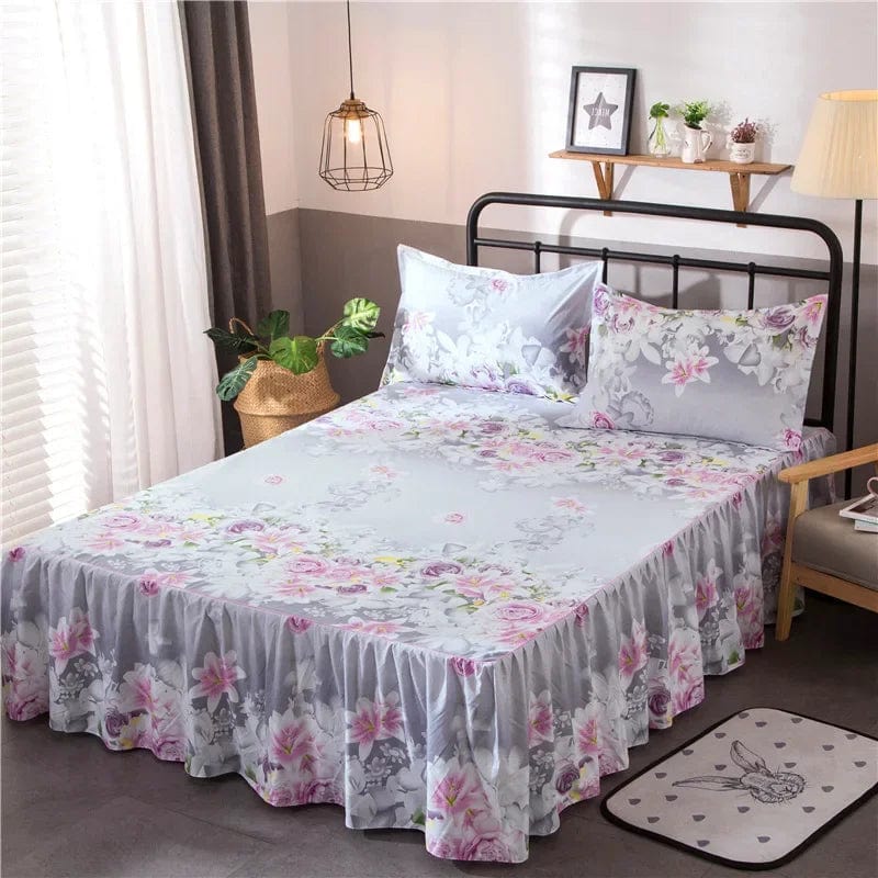 SHOWLU FASHION cotton embroidery bed skirt and pillowcase 3-piece set, includes king and queen sizes, with decorative embroidery.