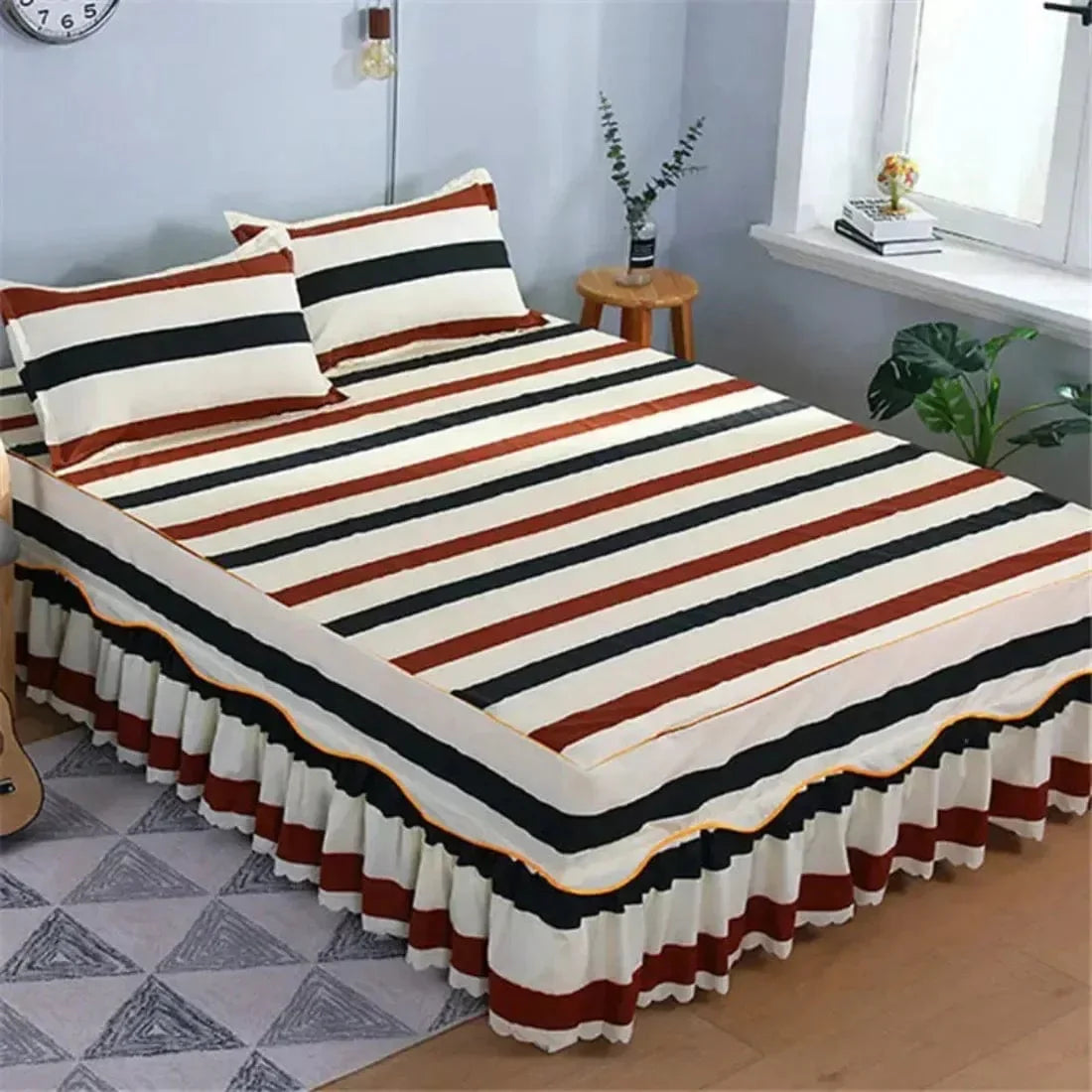SHOWLU FASHION cotton embroidery bed skirt and pillowcase 3-piece set for king or queen beds with elegant design and matching pillowcases.