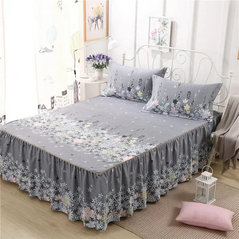 SHOWLU FASHION cotton embroidery bed skirt and pillowcase 3-piece set on a king-sized bed, showcasing elegant bedspread and pillow covers.