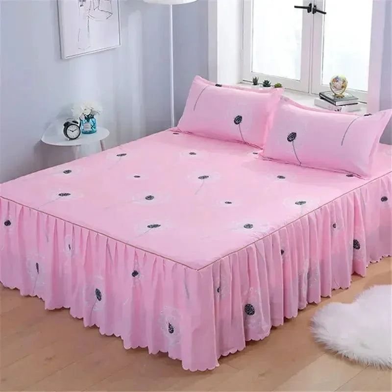 SHOWLU FASHION cotton embroidery bed skirt and pillowcase 3-piece set for king or queen-sized bed with elegant design.