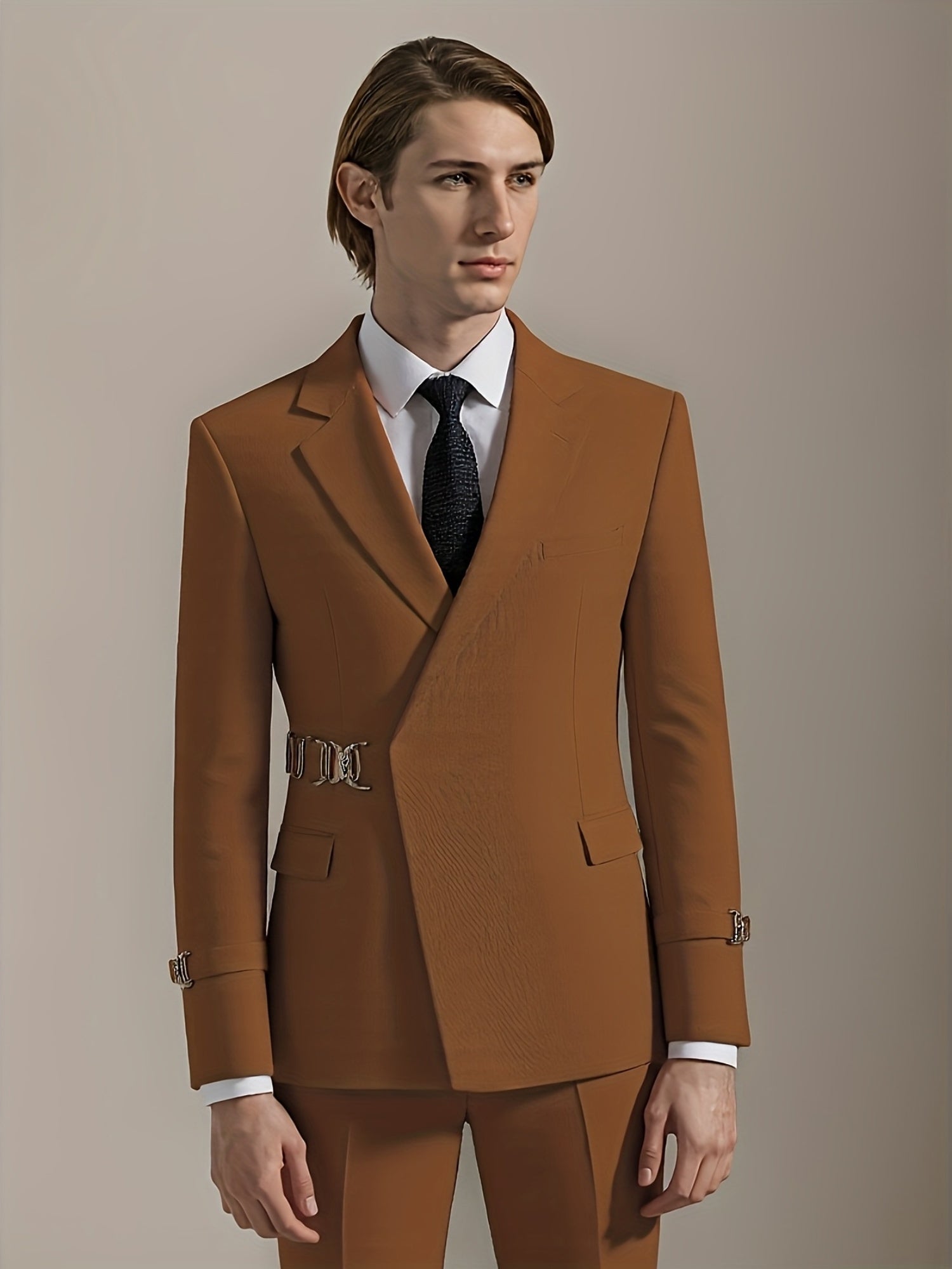 SHOWLU Men's slim fit 2-piece suit in solid color, featuring a tailored tuxedo jacket and matching trousers for formal wear.
