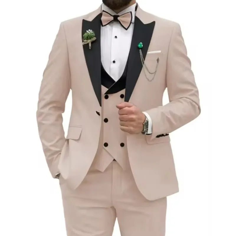 Beige Business Men Suits Costume Homme Slim Fit 3 Piece Double Breasted Suit Men Wedding Prom Party Business(Blazer+Vest+Pants) - SHOWLU FASHION STORE