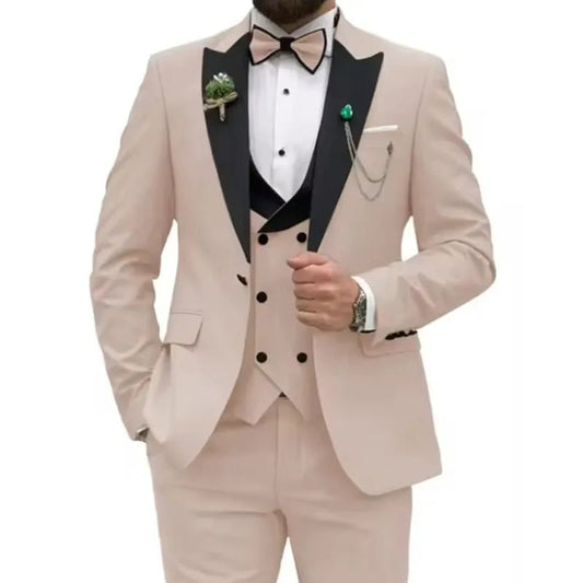 Beige Business Men Suits Costume Homme Slim Fit 3 Piece Double Breasted Suit Men Wedding Prom Party Business(Blazer+Vest+Pants) - SHOWLU FASHION STORE