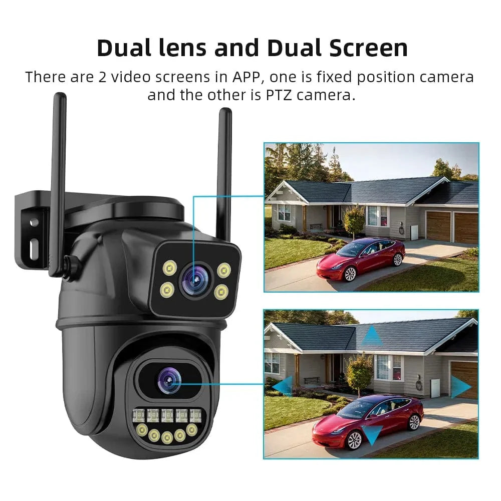 Showlu BELIA 8MP 4K outdoor WiFi security camera with dual lenses, AI human detection, and 4x digital zoom for surveillance.