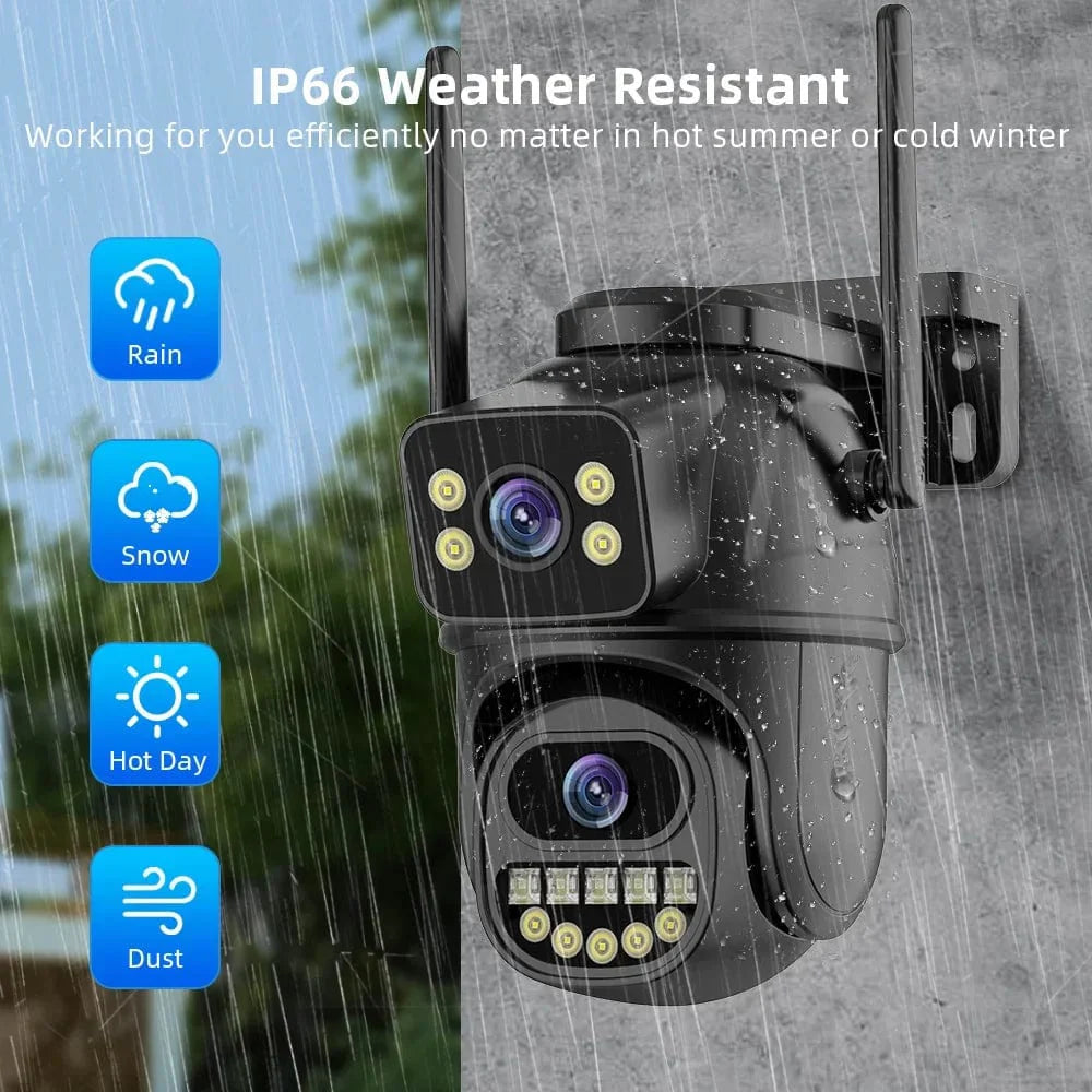 Showlu Belia 8MP 4K dual lens outdoor WiFi security camera with AI human detection and 4x digital zoom for outdoor surveillance.