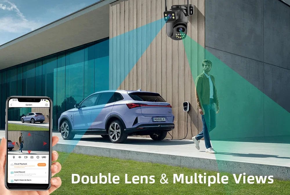 Showlu Fashion Store BELIA 8MP 4K dual lens outdoor WiFi security camera with AI human detection and digital zoom.