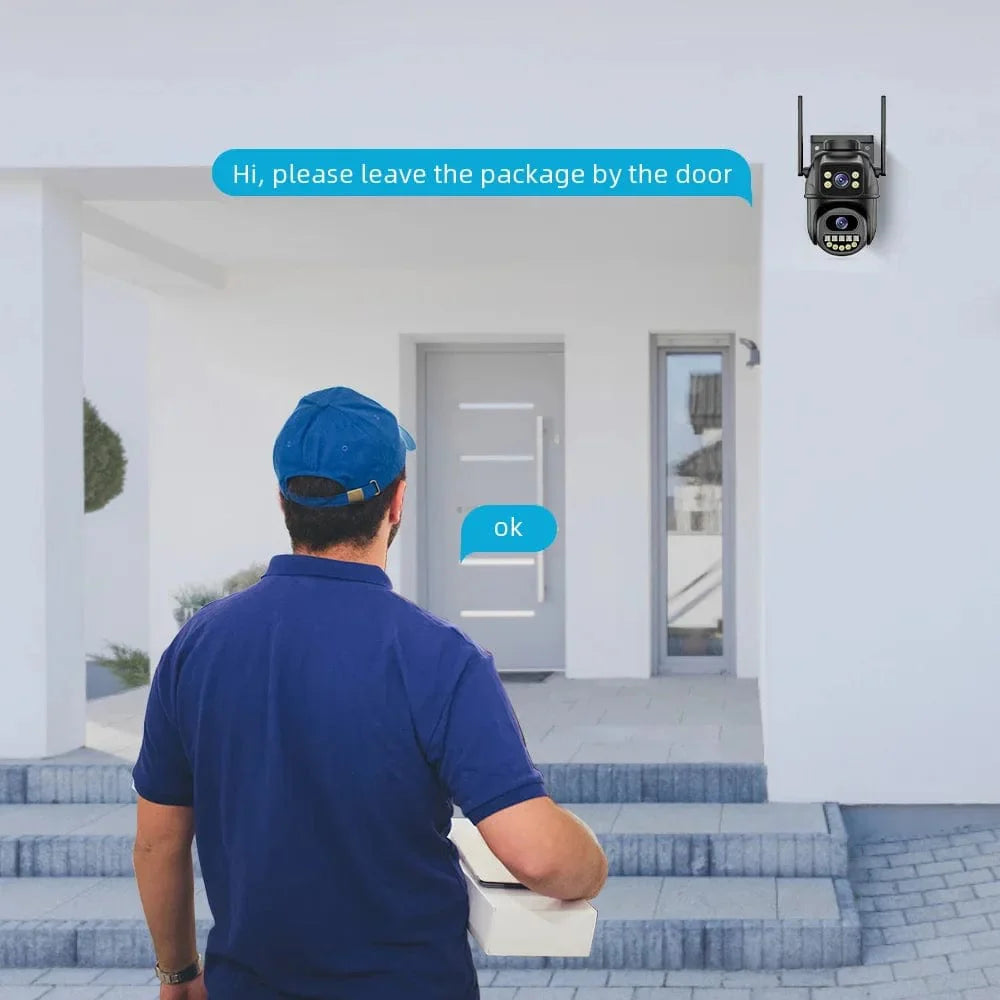 BELIA 8MP 4K WiFi security camera with dual lenses, AI human detection, outdoor IP camera, digital zoom, and PTZ functionality.