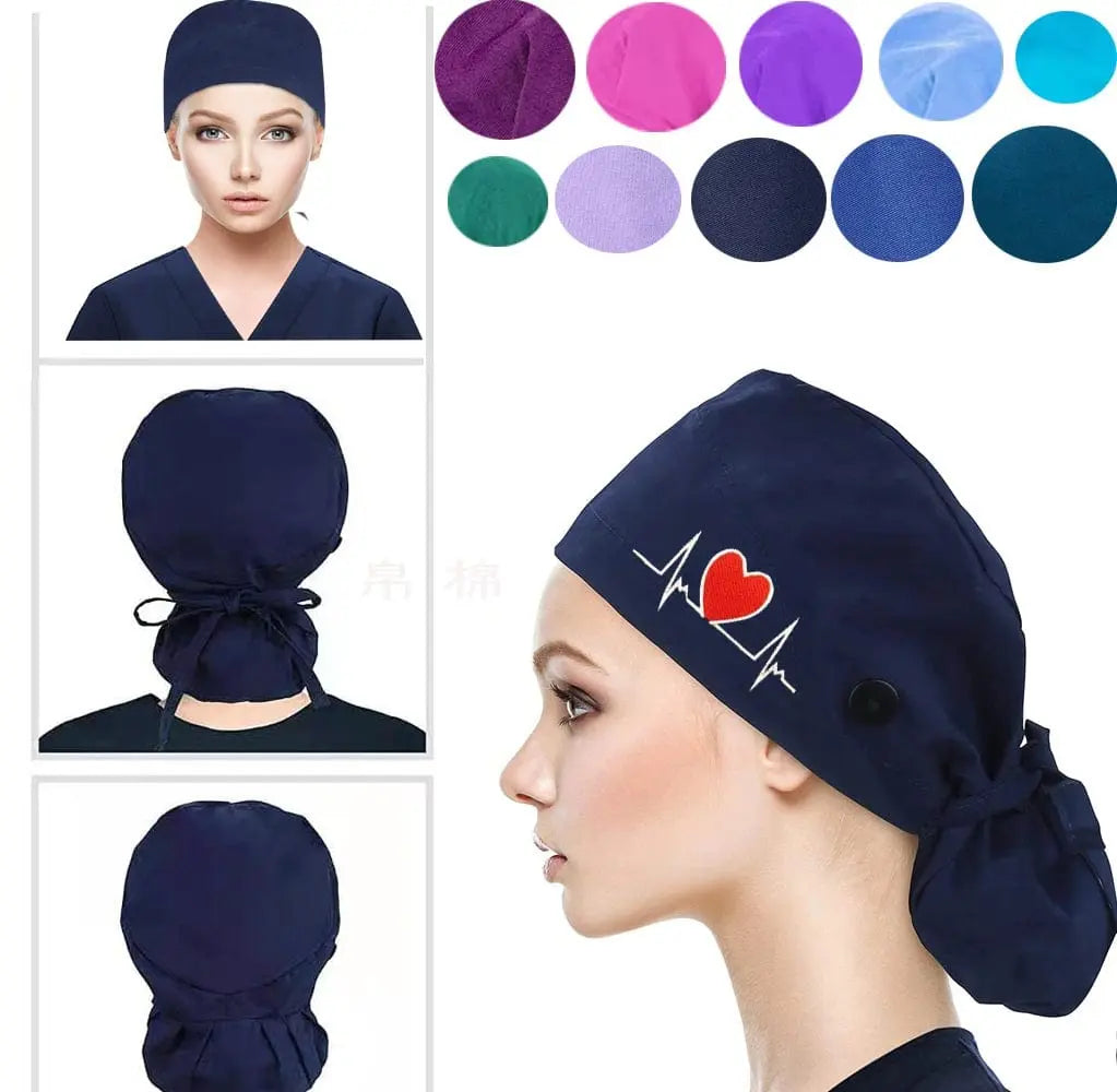 Showlu Fashion 100% Cotton printed scrub cap with adjustable fit for long hair, ideal for doctors and nurses.