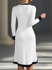 Elegant Women's V-Neck Midi Dress with Contrast Black Trim & Pockets - Long Sleeve A-Line Skirt, Button Detail, Machine Washable Work Commute Dress for Spring Summer Fall, Nontransparent Material, Medium Elasticity Fabric, Of