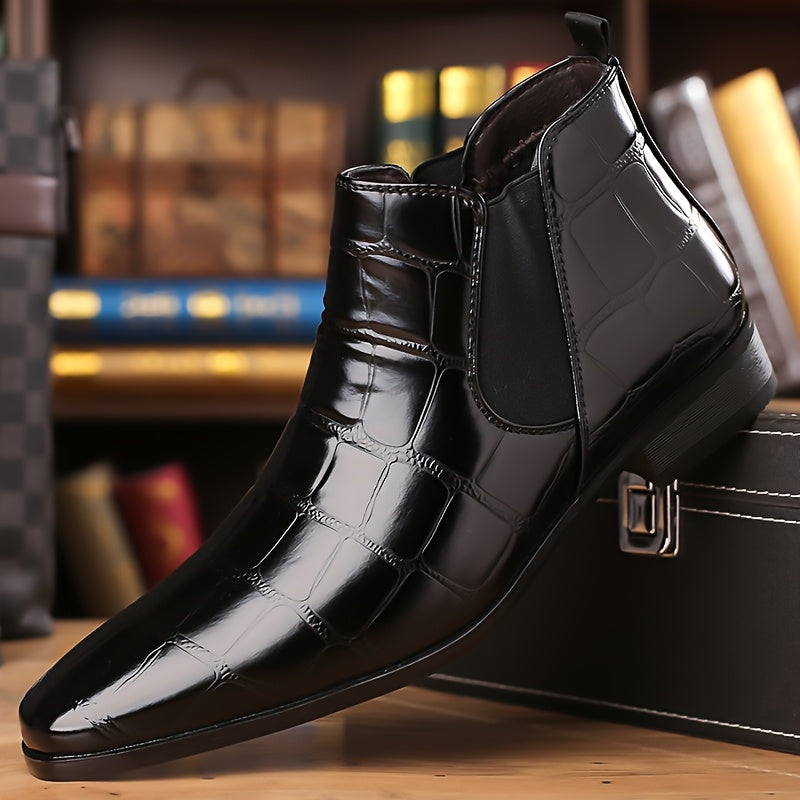 SHOWLU men's shiny pointed toe Chelsea boots with short ankle design, formal style, and sleek finish.