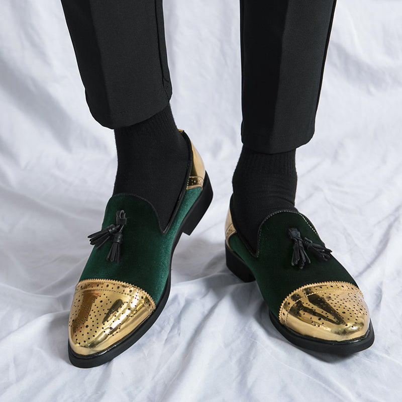 Green and golden SHOWLU men's brogue loafers with slip-on design, formal dress shoes featuring intricate brogue detailing.