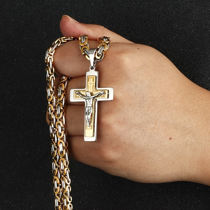 Showlu men's stainless steel Trident Cross pendant necklace hanging on a chain, detailed design on a sleek silver jewelry piece.