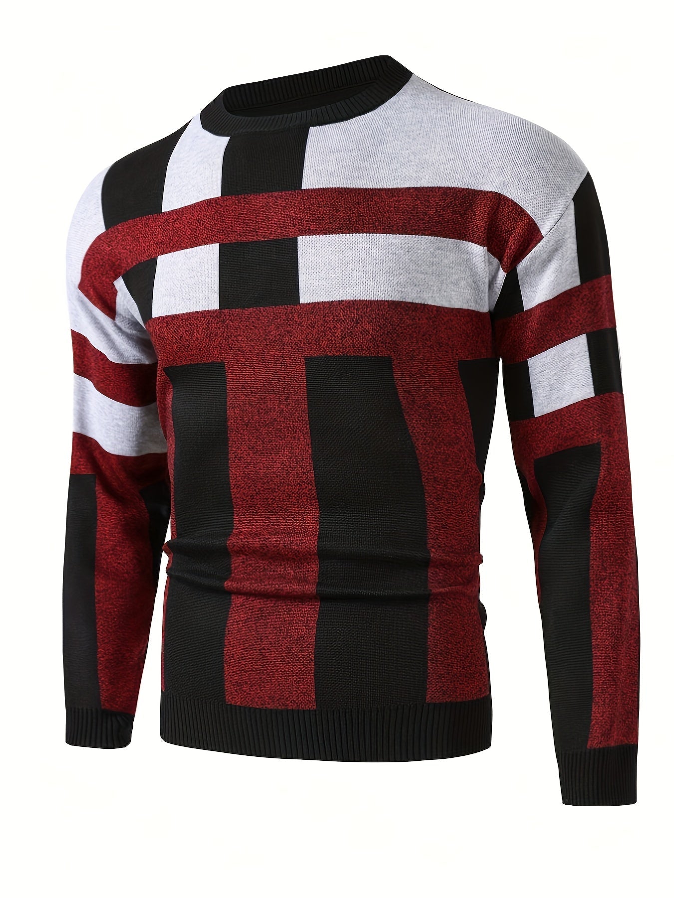 SHOWLU men's color block knit sweater with slim fit viscose crew neck, featuring bold color sections and a cozy, stylish design.