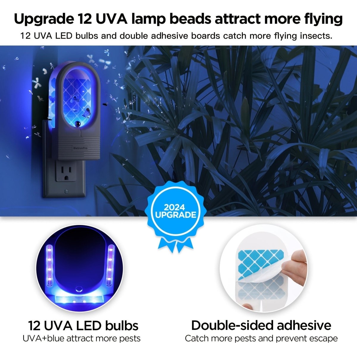 Bietrun plug-in insect trap with UV and blue light for catching gnats, fruit flies, moths, and mosquitoes indoors.