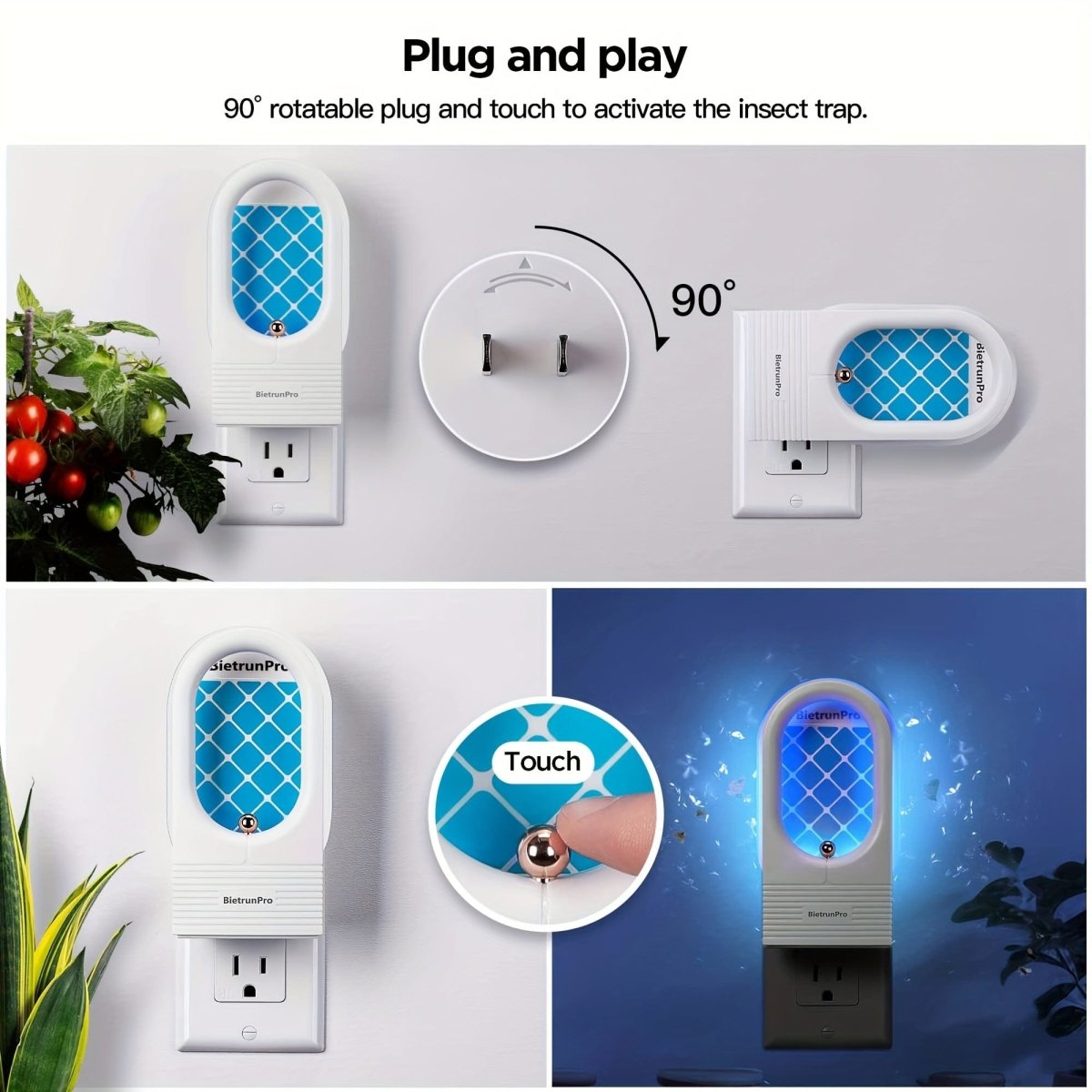 Bietrun plug-in flying insect trap with UV and blue light, designed to catch gnats, fruit flies, moths, and mosquitoes indoors.